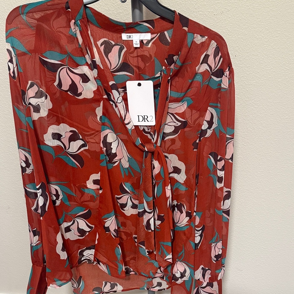 DR2 Women's Red Floral Blouse with Tie Neck